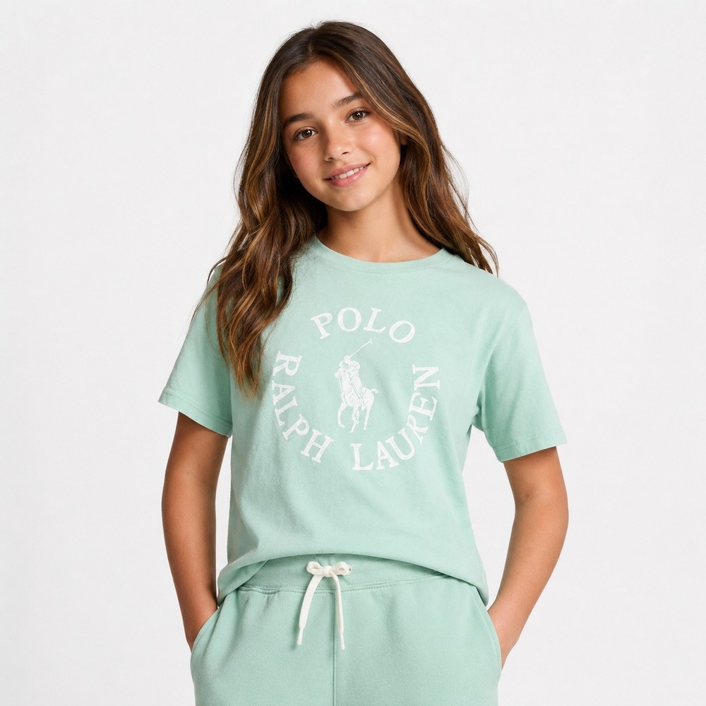 POLO RALPH LAUREN Kids Girls New T-Shirt MEDIUM 8-10 Green Logo Graphic Cotton